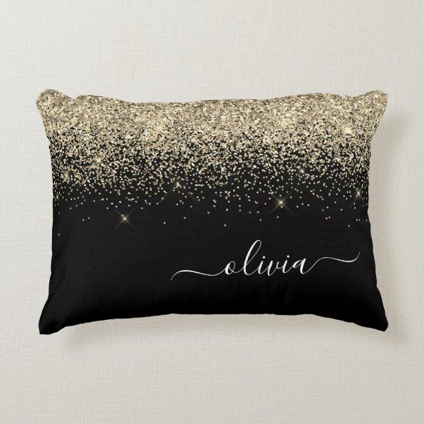 Gold Black Glitter Script Monogram Girly Name Accent Pillow