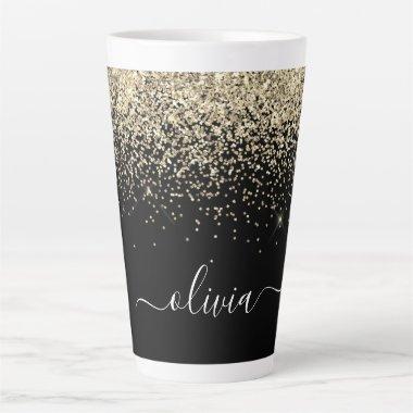 Gold Black Glitter Script Monogram Girly Name Latte Mug