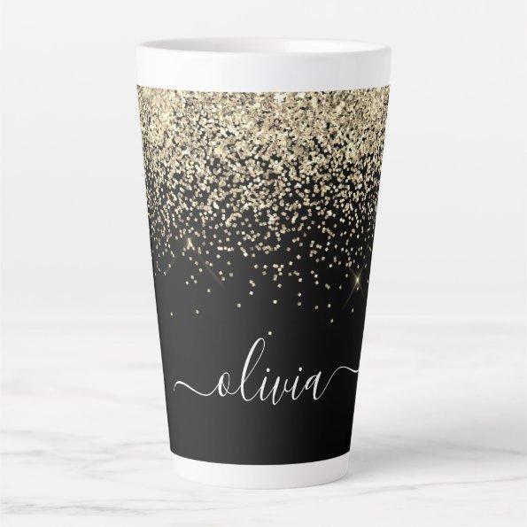Gold Black Glitter Script Monogram Girly Name Latte Mug