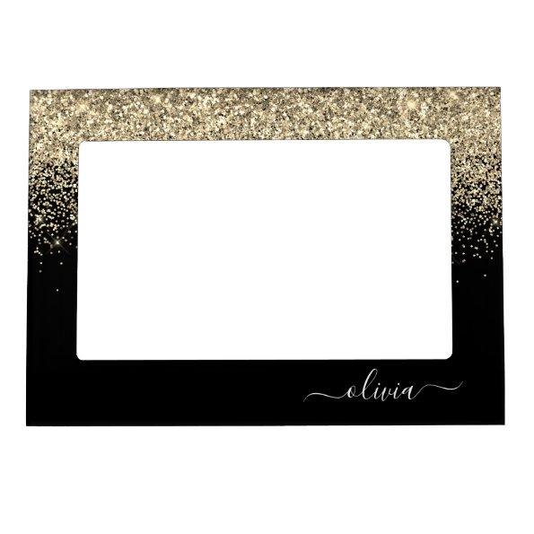Gold Black Glitter Script Monogram Girly Name Magnetic Frame