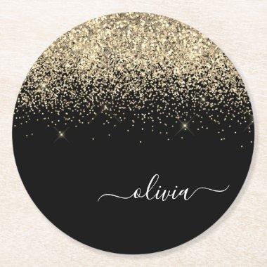 Gold Black Glitter Script Monogram Girly Name Round Paper Coaster