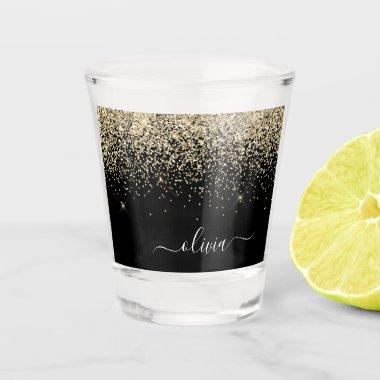 Gold Black Glitter Script Monogram Girly Name Shot Glass