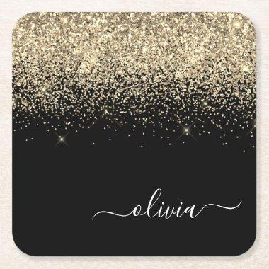 Gold Black Glitter Script Monogram Girly Name Square Paper Coaster