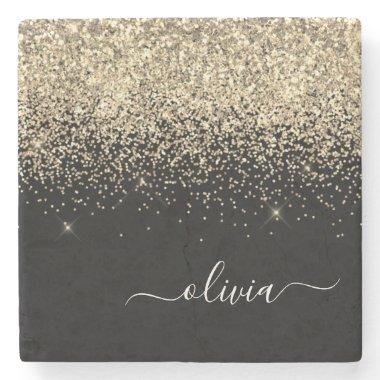 Gold Black Glitter Script Monogram Girly Name Stone Coaster