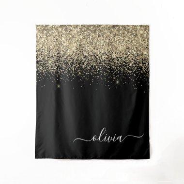Gold Black Glitter Script Monogram Girly Name Tapestry