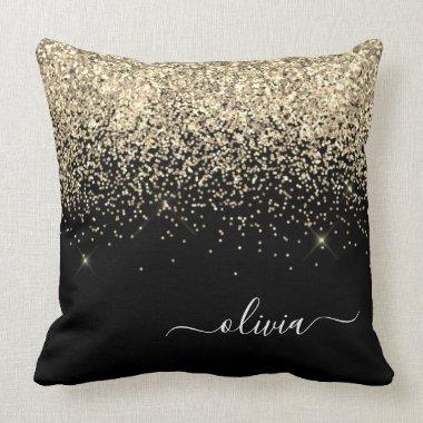 Gold Black Glitter Script Monogram Girly Name Throw Pillow