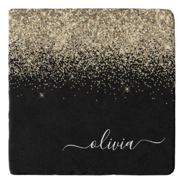 Gold Black Glitter Script Monogram Girly Name Trivet