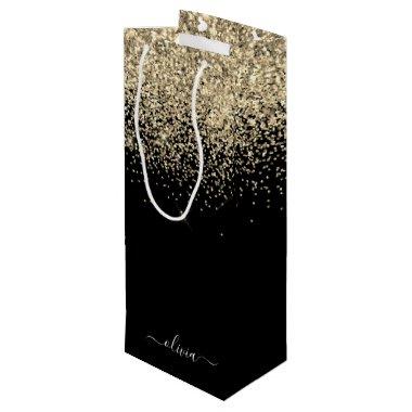 Gold Black Glitter Script Monogram Girly Name Wine Gift Bag