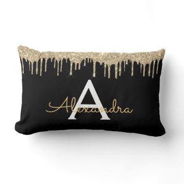 Gold Black Luxury Glitter Glam Monogram Name Lumbar Pillow