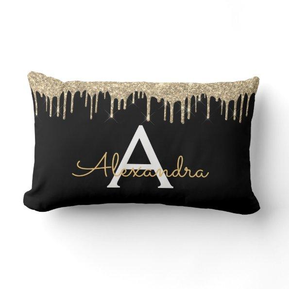 Gold Black Luxury Glitter Glam Monogram Name Lumbar Pillow