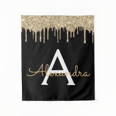 Gold Black Luxury Glitter Glam Monogram Name Tapestry