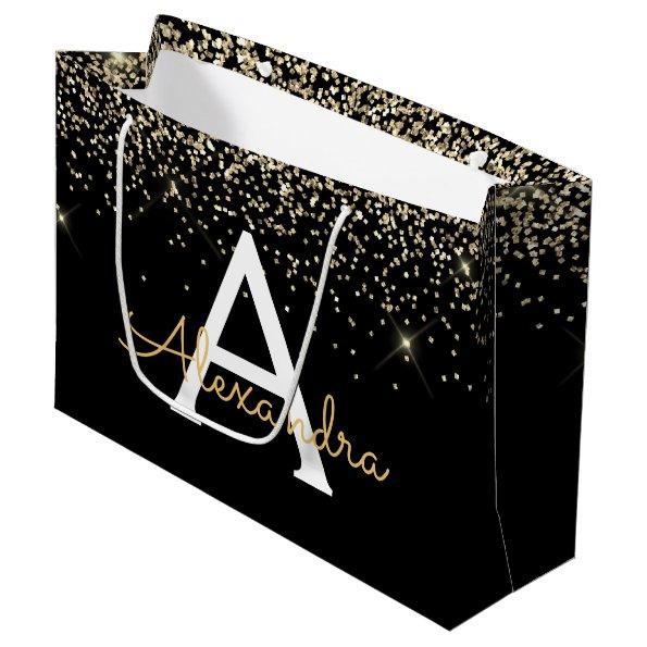 Gold Black Luxury Glitter Sparkle Monogram Large Gift Bag