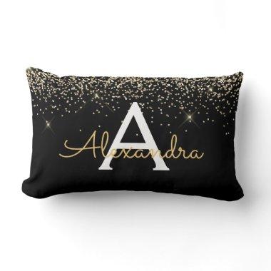 Gold Black Luxury Glitter Sparkle Monogram Lumbar Pillow