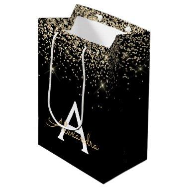 Gold Black Luxury Glitter Sparkle Monogram Medium Gift Bag