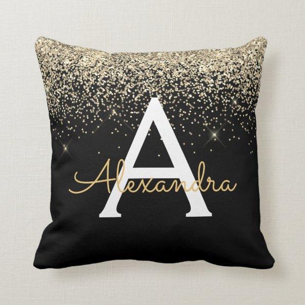 Gold Black Luxury Glitter Sparkle Monogram Throw Pillow