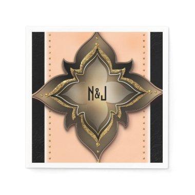 Gold Black & Peach Exotic Chic Flower Party Paper Napkins