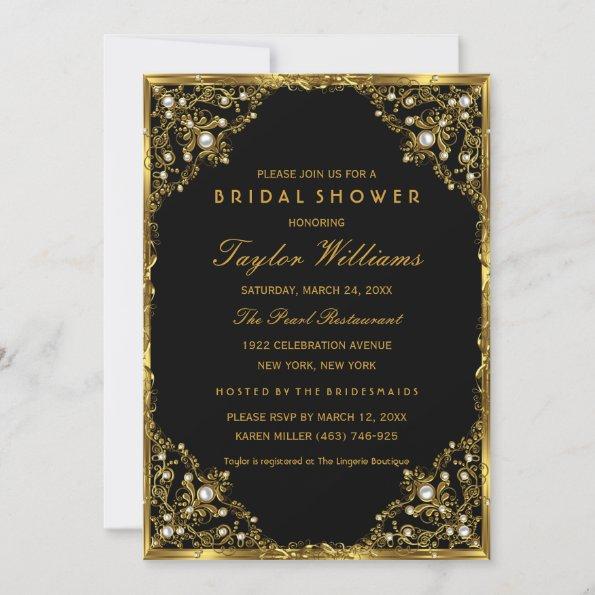 Gold Black Pearl Vintage Glamour Bridal Shower Invitations