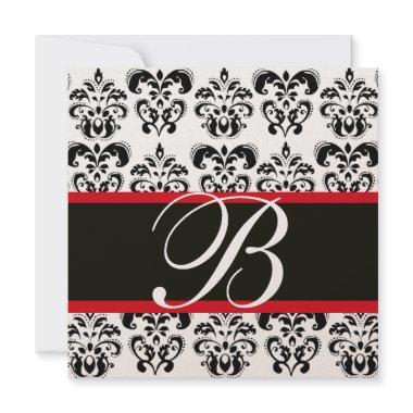 GOLD & BLACK RED DAMASK MONOGRAM , white Invitations