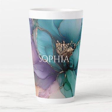 Gold Blue Aqua Purple Flower  Latte Mug