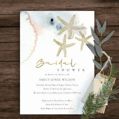 GOLD BLUE BEACHY STARFISH BRIDAL SHOWER INVITE