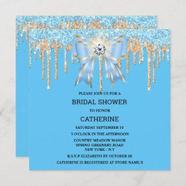 Gold blue glitter diamond bow shimmer lights chic Invitations