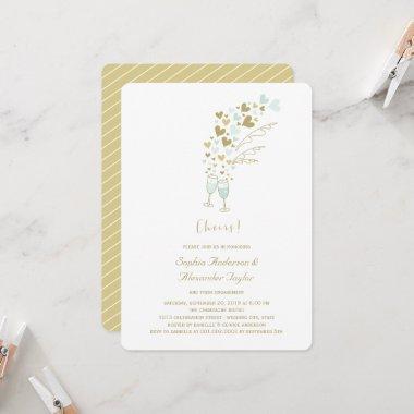 Gold Blue Hearts Champagne Cheers Chic Engagement Invitations