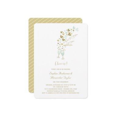 Gold Blue Hearts Champagne Cheers Chic Engagement