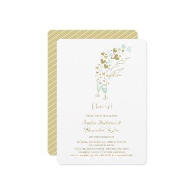 Gold Blue Hearts Champagne Cheers Chic Engagement Invitations