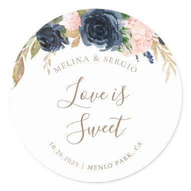 Gold Blue Pink Flowers Wedding Love is Sweet  Classic Round Sticker