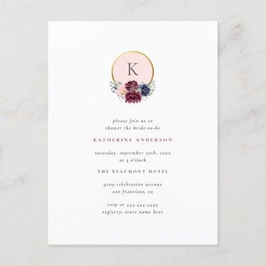 Gold Blush Burgundy & Navy Monogram Bridal Shower Invitation PostInvitations