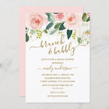 Gold Blush Floral Brunch And Bubbly Bridal Shower Invitations