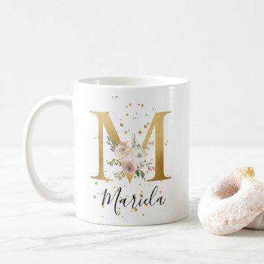 Gold Blush Pink Cream Watercolor Floral Monogram M Coffee Mug