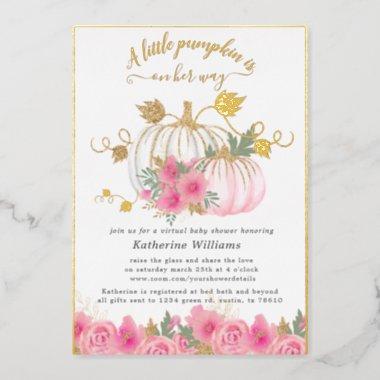 gold blush pumpkin virtual baby shower foil Invitations