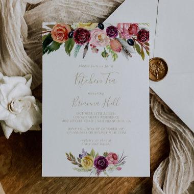 Gold Boho Floral Kitchen Tea Bridal Shower Invitations