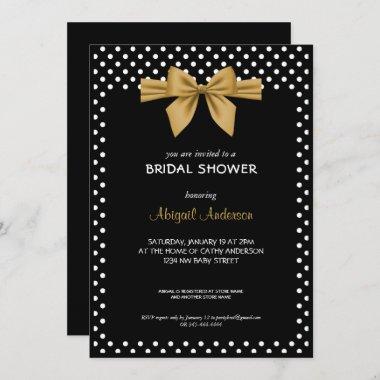 Gold Bow Black and White Polka Dots Bridal Shower Invitations