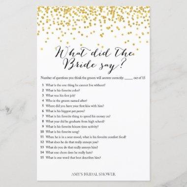 Gold Bridal Shower Game - What did bride say