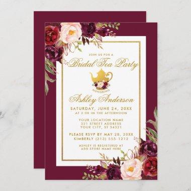 Gold Bridal Shower Tea Party Burgundy Invite B