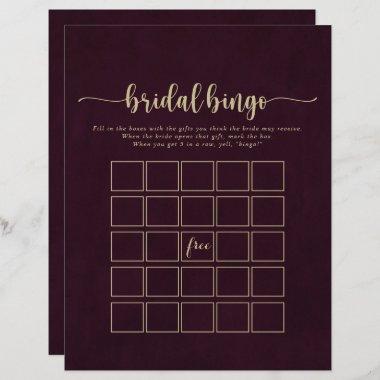 Gold Burgundy Calligraphy Bridal Bingo Game