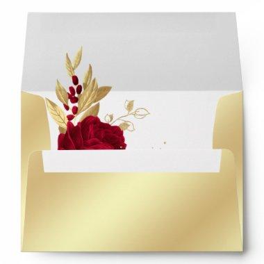 gold & burgundy flowers botanical wedding envelope