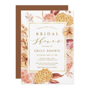 Gold Burnt Orange Terracotta Flower Bridal Shower Invitations