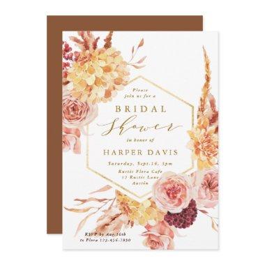 Gold Burnt Orange Terracotta Flowers Bridal Shower Invitations