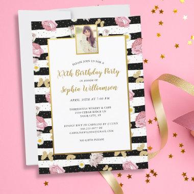 Gold Butterflies Floral Print Birthday Photo Party Invitations