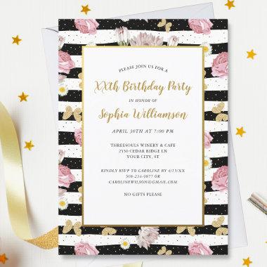 Gold Butterflies Floral Stripe Pattern Birthday Invitations