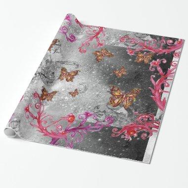 GOLD BUTTERFLIES IN BLACK WHITE SILVER SPARKLES WRAPPING PAPER