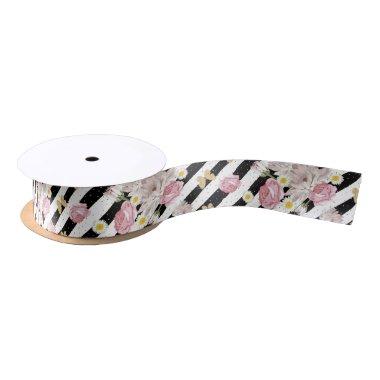 Gold Butterflies, Roses Daisies Black White Stripe Satin Ribbon