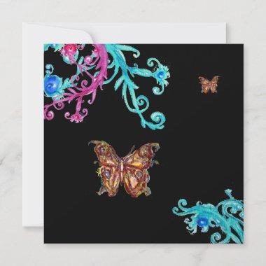GOLD BUTTERFLY , bright pink blue black Invitations