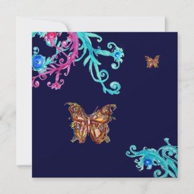 GOLD BUTTERFLY , bright pink blue Invitations