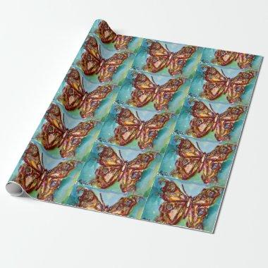 GOLD BUTTERFLY IN BLUE Watercolor Wrapping Paper