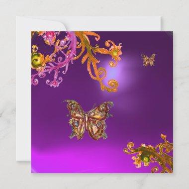 GOLD BUTTERFLY IN PURPLE YELLOW FLORAL SWIRLS Invitations