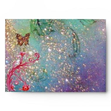 GOLD BUTTERFLY IN TEAL AQUA BLUE SPARKLES SWIRLS ENVELOPE